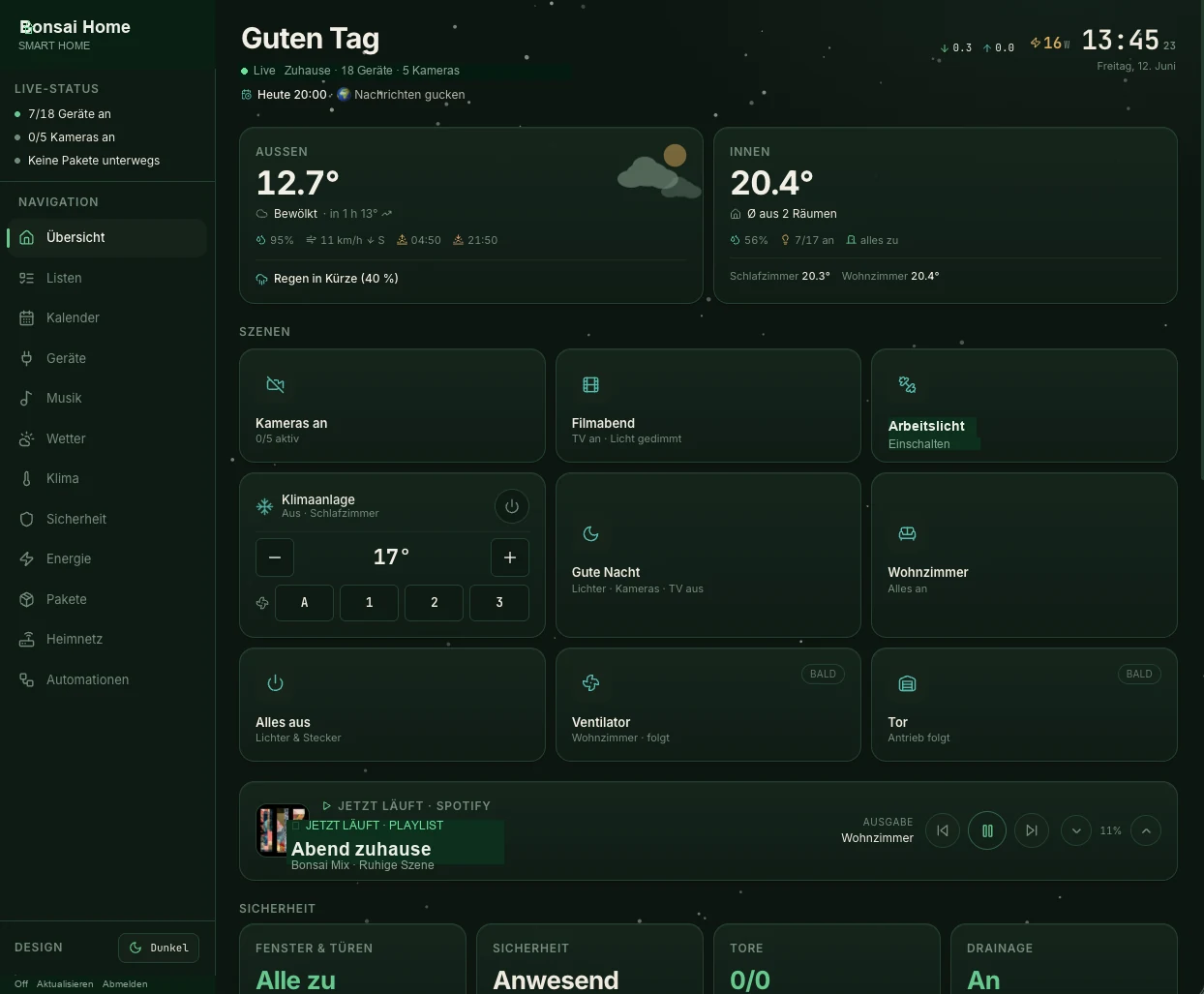 H.O.M.E. Dashboard mit Wetter, Räumen, Medien und Sicherheitsstatus